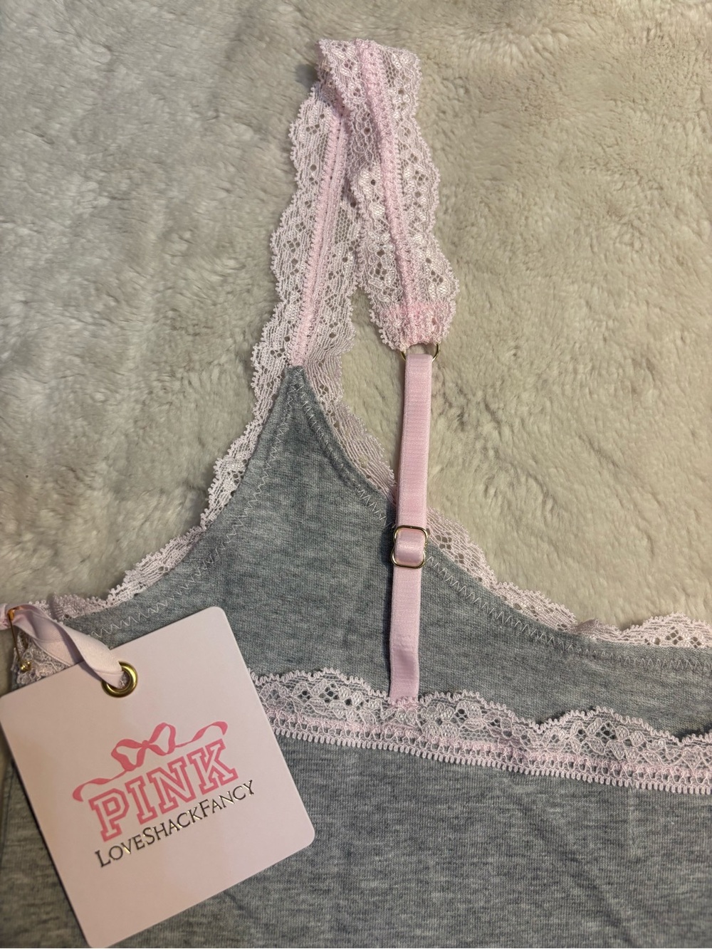 NWT LoveShackFancy X VS PINK Cami Medium Gray Pink Bow Lace Trim Tank Cotton NEW - Picture 10 of 16